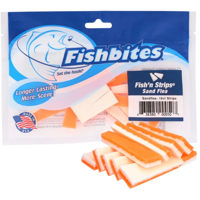 Fishbites Longer Lasting Fish'n Strips Sand Flea Scented Soft Baits